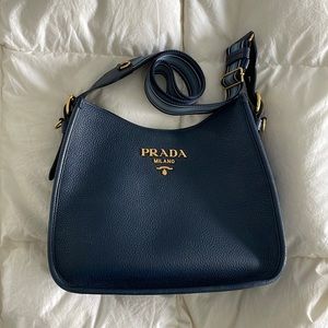 Prada Navy Purse. Long canvas strap, short leather strap. Medium size.